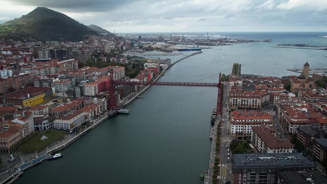 Vizcaya Bridge in the Basque Country, Spain. High quality 4k drone footage