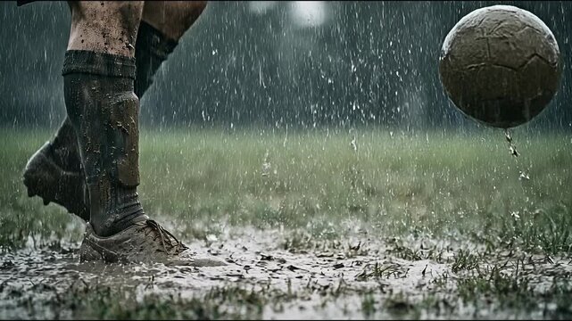 Determined soccer players powerful kick creates mud splash challenging muddy field during heavy rain. Intense sport action captures wet grass, raw effort, and passion, showcasing player determination