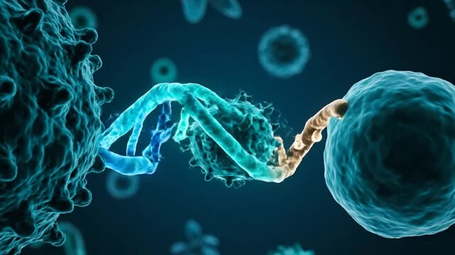 Virus interacting with dna molecule, 3d rendered animation showing process of cell infection and genetic code manipulation