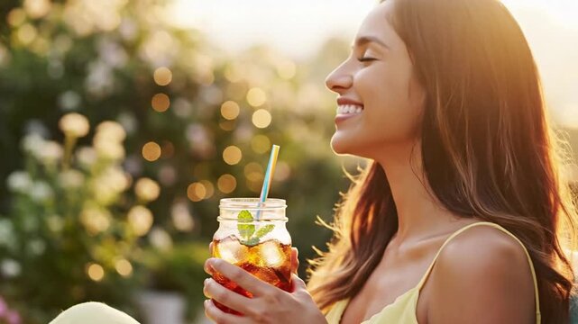 Woman Enjoys Refreshing Iced Tea Drink Outdoors Summer Sunset