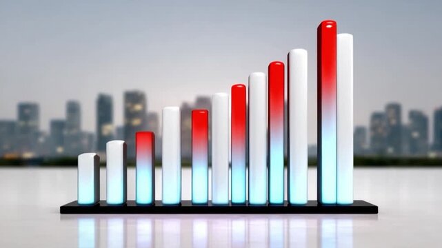 Rising Business Insights: An illuminating visualization of progress, featuring a series of ascending bars, each a step forward, a testament to growth, with a modern city in the blurred background. 