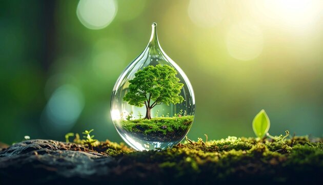 Small Green Tree Growing Inside a Crystal Clear Water Drop on a Mossy Forest Floor, Concept of Environmental Conservation, Sustainability, Ecology, and Protecting the Natural World