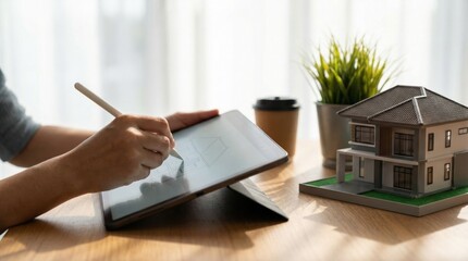 Fototapeta premium Architectural Designer Using Digital Drawing Tablet with Stylus to Create Real Estate Blueprint Visualization Next to Modern House Model for Project Presentation and Workflow Optimization