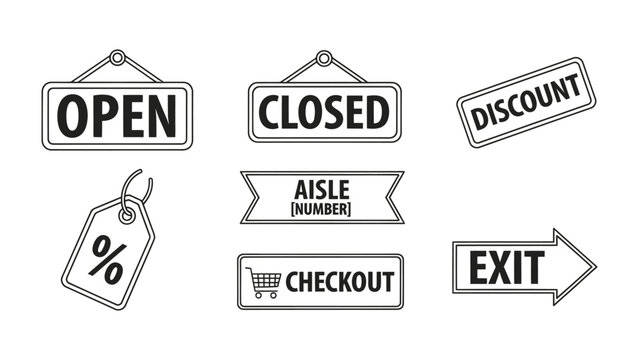 Shop Sign Symbols: An assortment of classic shop signs like open, closed, discount, and others, offer simple and easily understandable instructions.