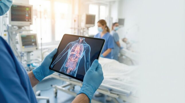 Medical professional utilizing tablet-based digital anatomy visualization in high-tech hospital environment to enhance patient diagnostics, monitoring, and clinical workflow optimization.