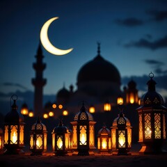 Ramadan lanterns glowing under crescent moon at mosque during twilight celebration