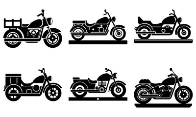 Obraz premium Collection of various motorcycles silhouetted against a plain background, showcasing different models and designs in a studio setting from a side viewpoint