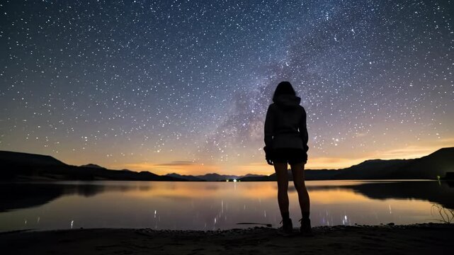 Time-lapse video of deep blue, vibrant purple Milky Way & stars mirrored on tranquil lake. Small silhouetted figure in dark attire stands at water's edge, wide-angle low-angle dolly video. Profound