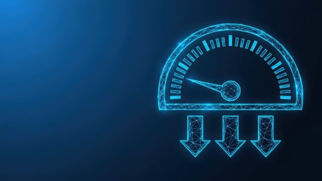 Digital speedometer gauge with downward arrows indicating a decrease in performance or speed against a dark blue background