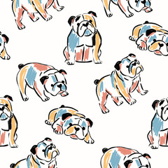 Cotton fabric Hand Drawn English Bulldog Seamless Pattern with Artistic Brush Strokes and Pastel Colors for Kids Apparel Nursery Wall Art and Home Textile Background