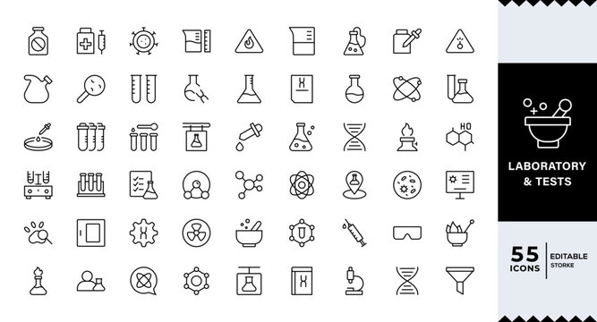 Pixel Perfect, Laboratory and Tests Icon Set. A precise collection of icons for scientific testing and research, perfect for enhancing educational materials, lab websites, and health applications.