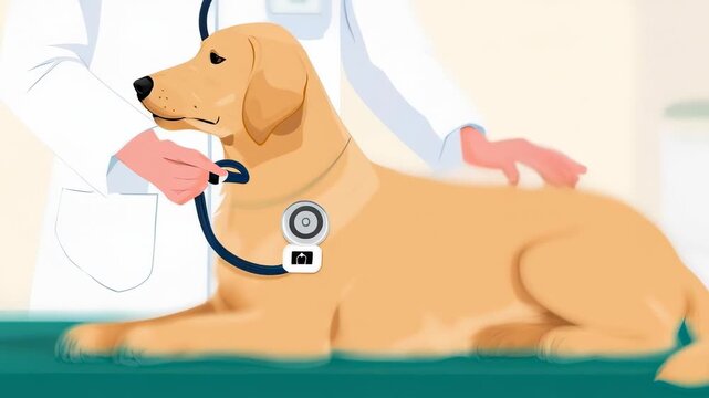 Veterinarian examining a golden retriever dog with stethoscope, vector illustration