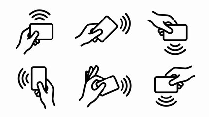 Obraz premium Contactless payment hand icon set with NFC wireless technology and touchless transaction gesture symbols.