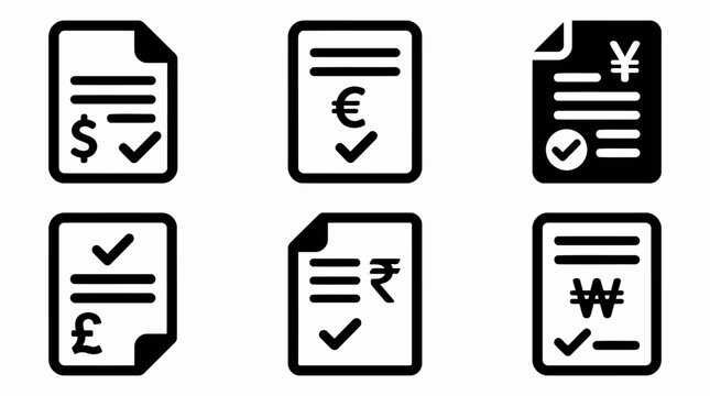 Financial document icon set with checkmark and dollar, euro, yen, pound, rupee, and won currency symbols, for invoice, contract, and payment agreement verification.