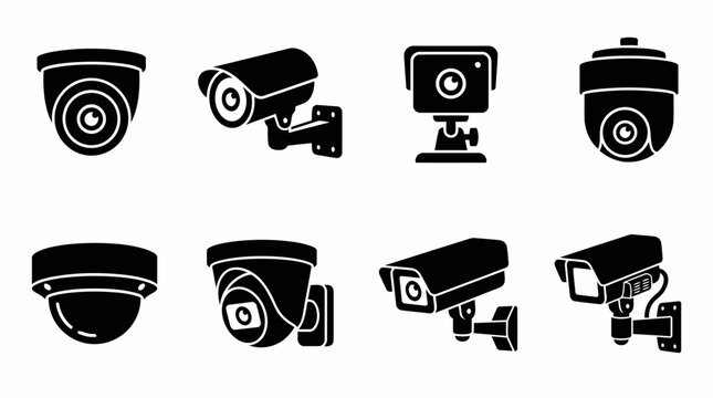 CCTV camera icon set with security surveillance and monitoring system symbols including dome and bullet cameras.
