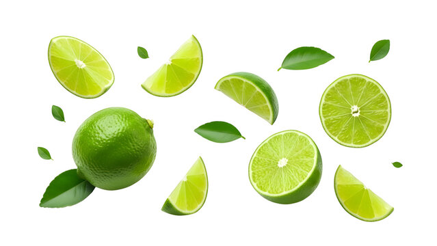 Fresh Limes Slices And Leaves Floating On Black Background