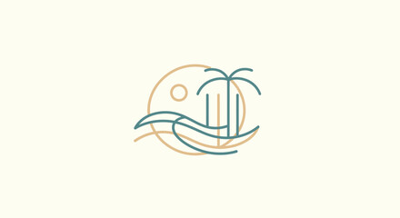 Fototapeta premium Minimalist Line Art Tropical Island Sunset with Palm Trees and Ocean Waves.