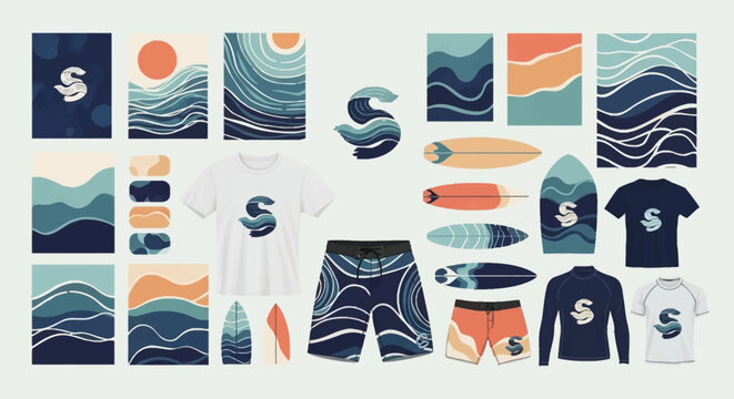 Surfthemed branding and merchandise collection with waveinspired designs and S logo.