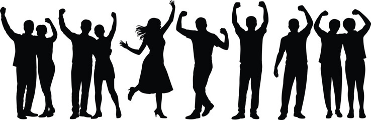 Dynamic silhouettes of a diverse group of people celebrating and dancing with raised arms and joyful expressions on a white background