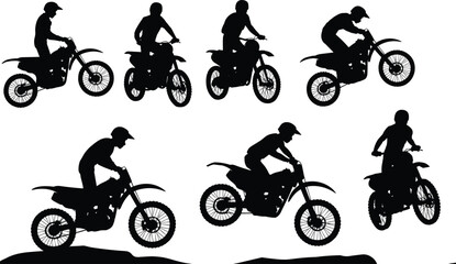 Dynamic silhouettes of motocross riders performing jumps and maneuvers on dirt bikes in various action poses © MstAnowara