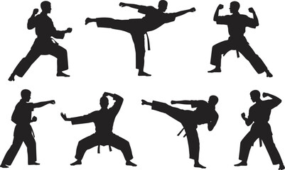 Eight dynamic silhouettes of martial artists performing karate moves and stances in black against a white background © MstAnowara