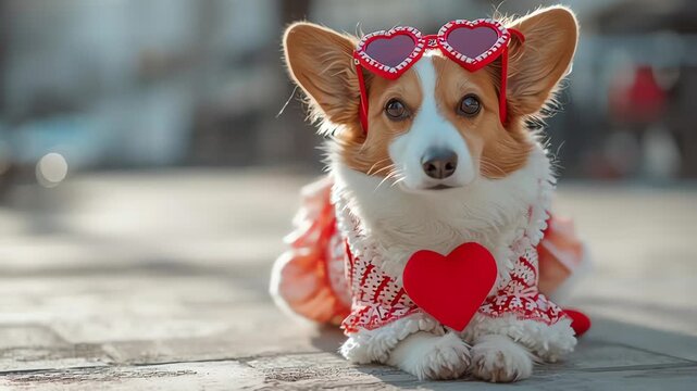 Corgi Dog Wearing Sunglasses and Holding Heart.