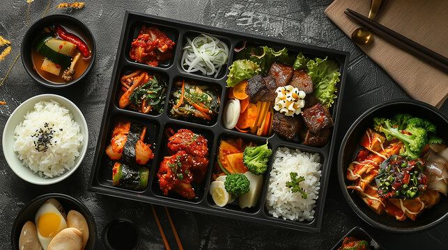 High-quality photo of a traditional Korean lunch box (dosirak) neatly arranged with steamed rice and assorted colorful side dishes
