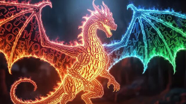 Fiery Dragon Made of Letters and Words, Glowing with Red and Blue Energy