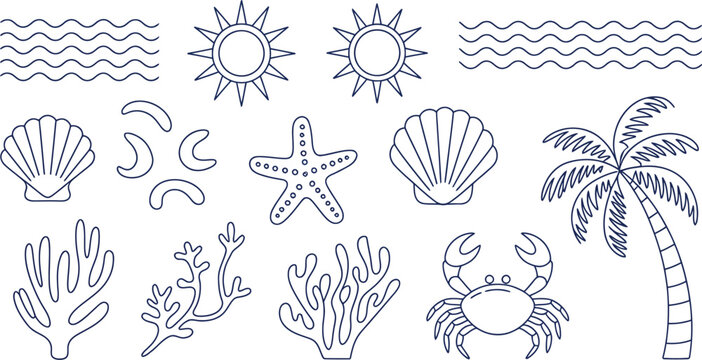 Vintage hand drawn summer icons featuring palm tree sun sea shells coral doodle sketch ink Italian ocean travel vector illustration
