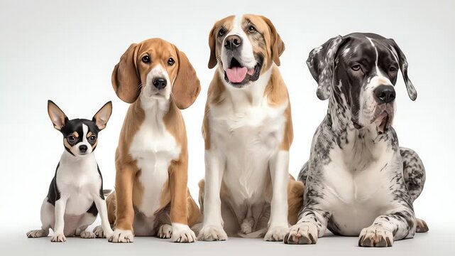 Four Dogs of Different Breeds Sitting Together.