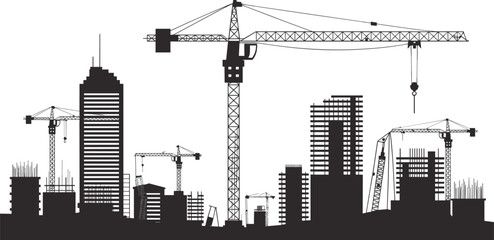 Silhouette of a developing city with numerous tower cranes, high-rise buildings, and construction against a white backdrop © MstAnowara