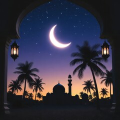 Obraz premium Islamic mosque at night with crescent moon and palm trees Ramadan serene scene