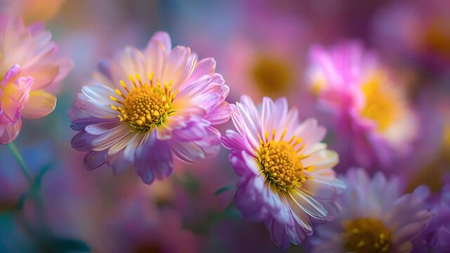 Close-up of Purple Flowers with Yellow Centers.