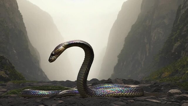 Majestic cobra poised on rugged terrain with misty mountains