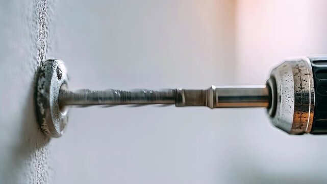 Close up of electric drill bit spinning and drilling hole in white wall for renovation