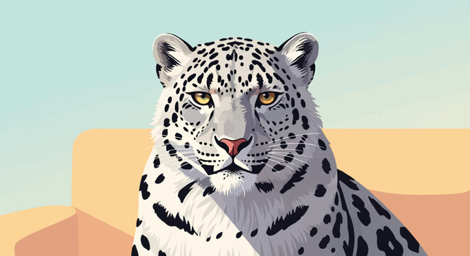 Close-up portrait of a snow leopard's face with striking yellow eyes