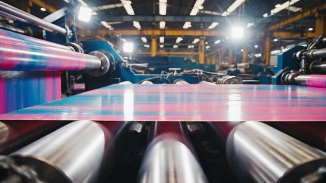 Detailed view of metal chains and gears on production machinery in a factory