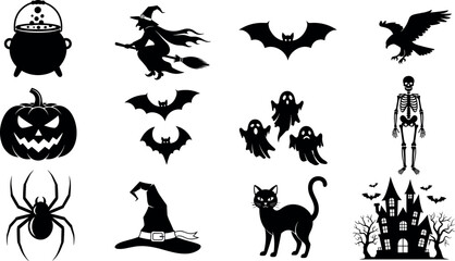 Obraz premium Halloween Silhouette Collection with Witch, Pumpkin, Bats, Ghosts, Spider, Cat, Skeleton, and Haunted House for Spooky Holiday Decoration Design