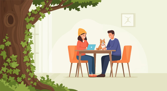 Couple and dog at table under tree with laptop