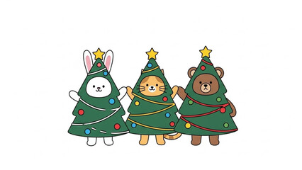 Cute animal characters dressed as festive christmas trees for holiday celebrations