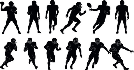 Set of American Football Player Black Silhouettes in Various Action Poses Isolated on White Background Vector Illustration © DALIARA 
