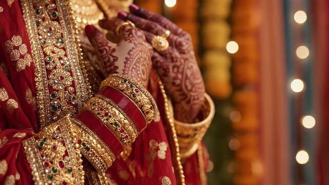 Gangaur Festival Close Up Henna Hands and Gold Bangles with Veil