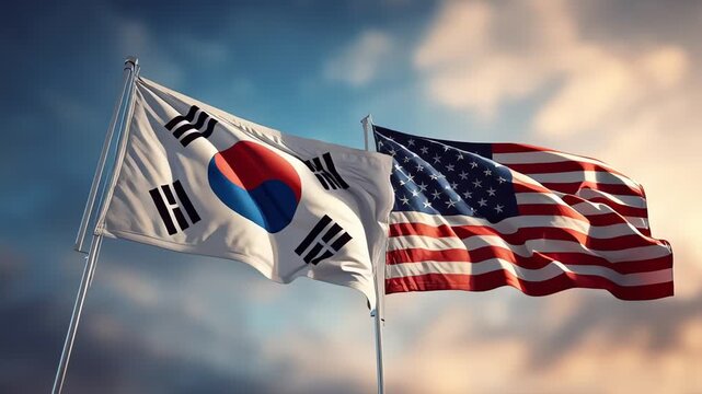 South Korea and USA Flags Waving Together.
