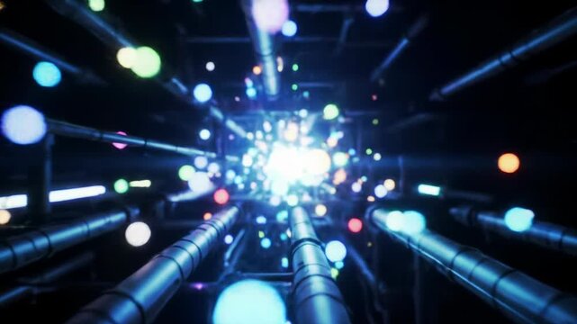 Abstract glowing data particles flow through a futuristic digital network of luminous conduits in a dark void, with vibrant neon colors and volumetric lighting. Concept of powerful system performance