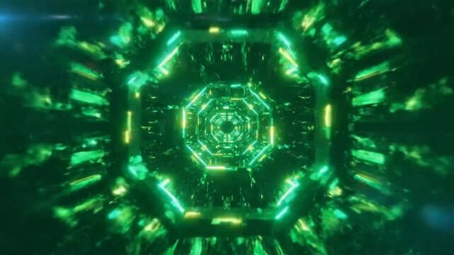 Futuristic abstract digital green glowing tunnel with octagonal geometric design, infinite space illusion