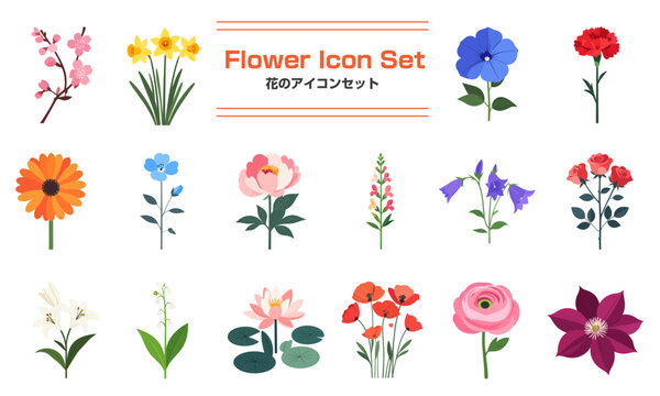 花のアイコンと見出しラベルのイラストパーツセット バラ,カーネーション ポピー,ラナンキュラス,鈴蘭,梅,ガーベラ,水仙