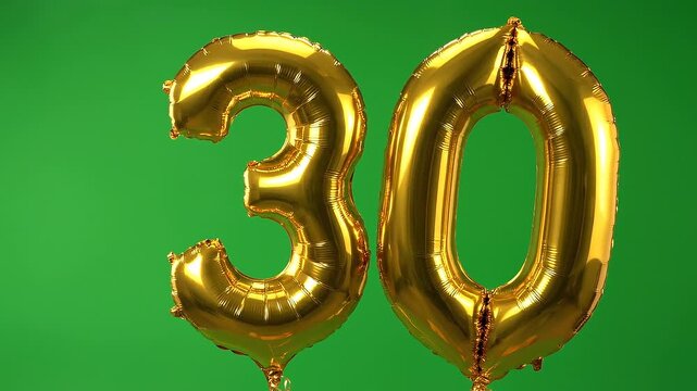 Golden Foil Balloon Number 30 for Birthday Party on Green Screen