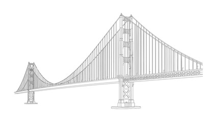 Golden Gate Bridge Sketch: A detailed line drawing captures the iconic Golden Gate Bridge, showcasing its architectural marvel and elegant design. © hafs121