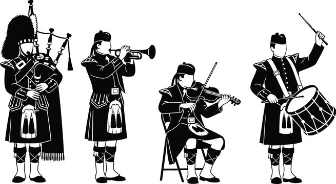 Pipe band Scottish music. Scottish musicians in traditional attire, playing various instruments. 