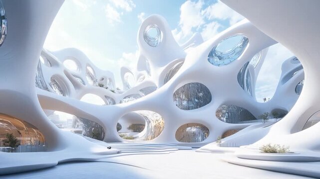 Futuristic white building with rounded windows and organic architecture set against a cloudy sky with a sleek, modern design and a sense of innovation and technology.